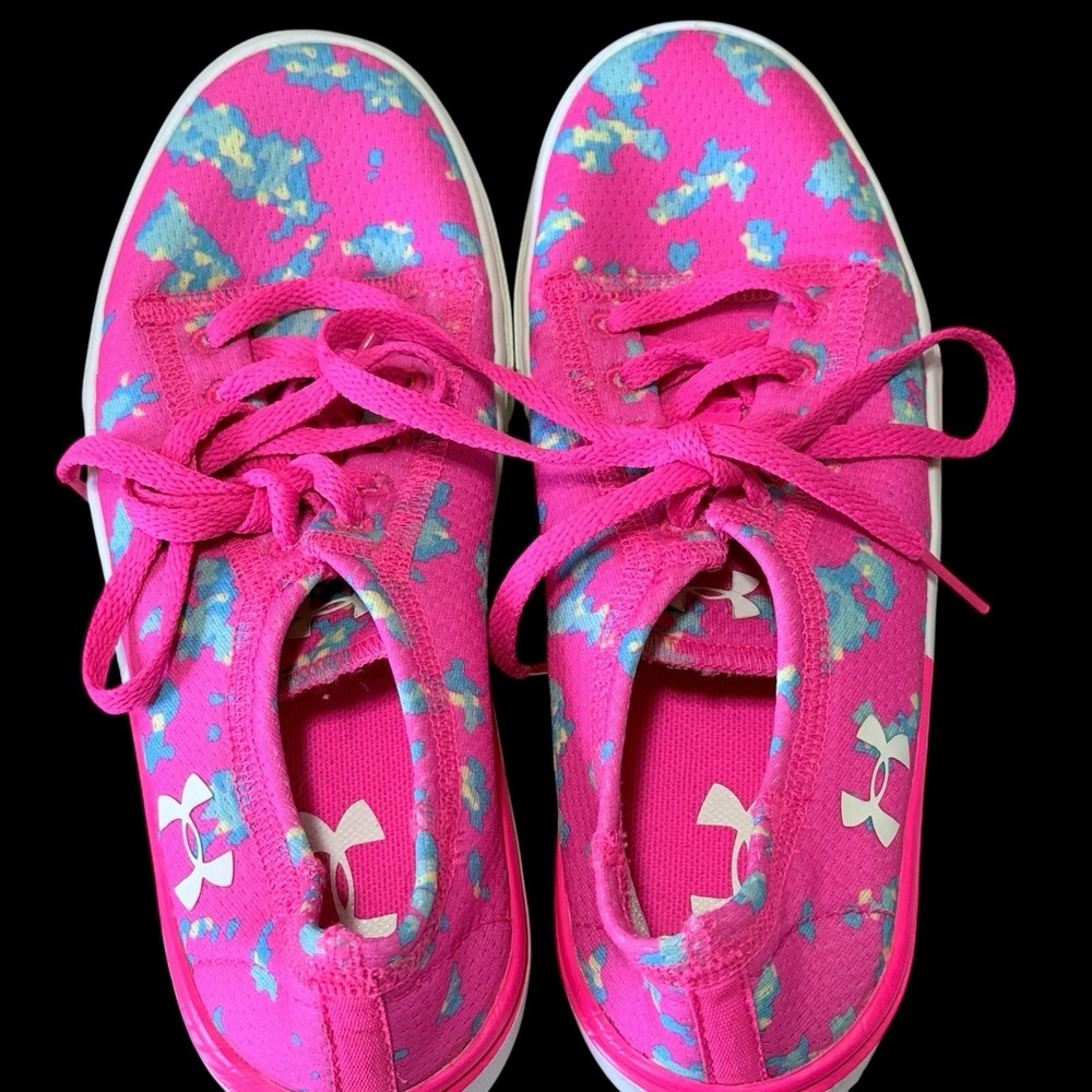 Girls 2Y Under Armour Neon Pink & Flower Print Laced Sneakers Tennis Shoes - Picture 7 of 8